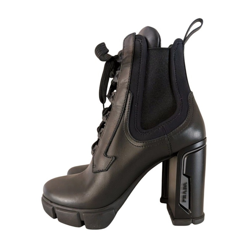 NIB Prada Black Leather Lace Up Chunky Heel Chelsea‎ Boots Women's 39.5 - Picture 3 of 12